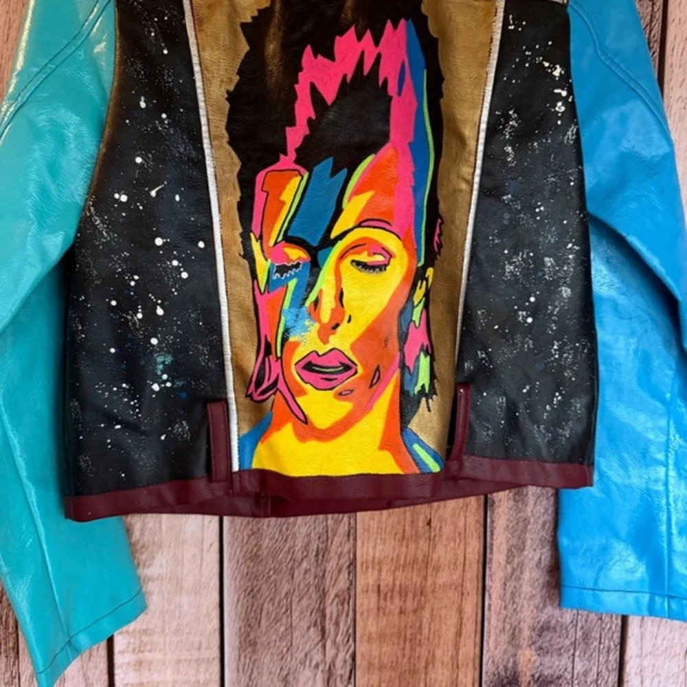 David Bowie‎ Custom Moto Jacket Hand Painted Rock Glam Statement Festival Size M